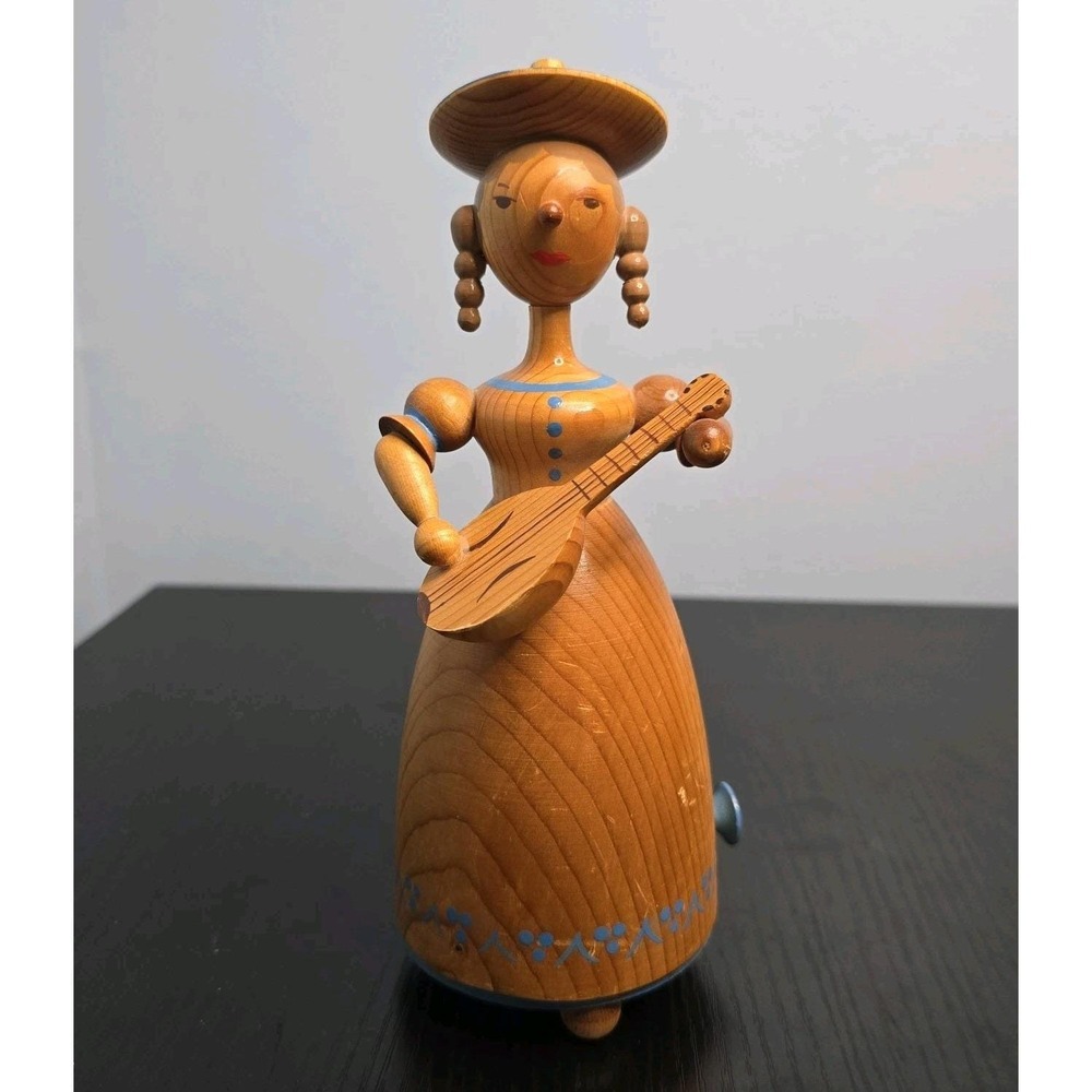 Vintage Reuge Erzgebirge Music Box‎ Wood Carved Girl Mandolin Silent Night Swiss